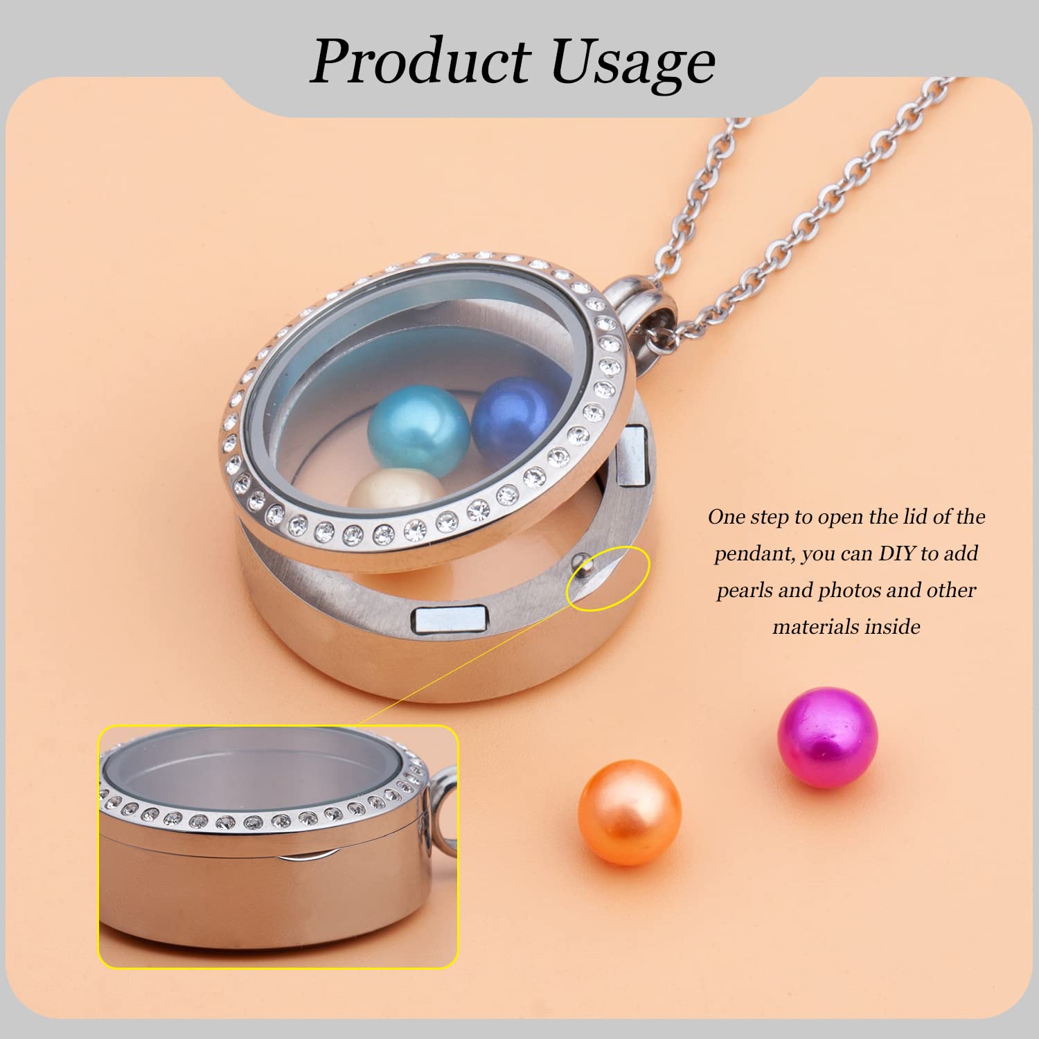 Africanbeads 2PCS 30MM Silver Round Floating Charm Locket Necklace with 6 Freshwater Pearls,316L Stainless Steel Clear Glass Locket,Small Living Memory Pendant for Women(Without Chain)