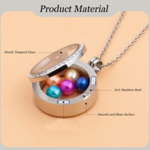 Africanbeads 2PCS 30MM Silver Round Floating Charm Locket Necklace with 6 Freshwater Pearls,316L Stainless Steel Clear Glass Locket,Small Living Memory Pendant for Women(Without Chain)