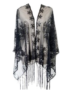 l'vow women's glittering 1920s scarf mesh sequin wedding cape fringed evening shawl wraps(black)