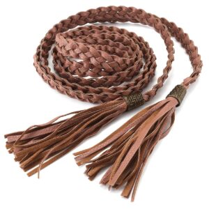 chic diary women braided waist belt skinny woven tassel belt for dress (brown)