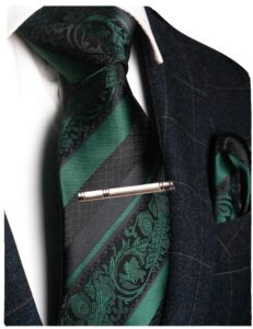 jemygins dark green floral tie, silk necktie and pocket square hankerchef tie clip sets for men(3)