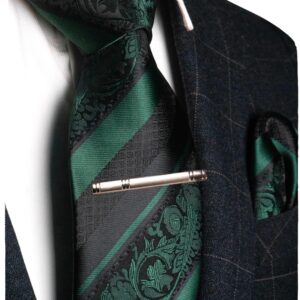 JEMYGINS Dark Green Floral Tie, Silk Necktie and Pocket Square Hankerchef Tie Clip Sets for Men(3)