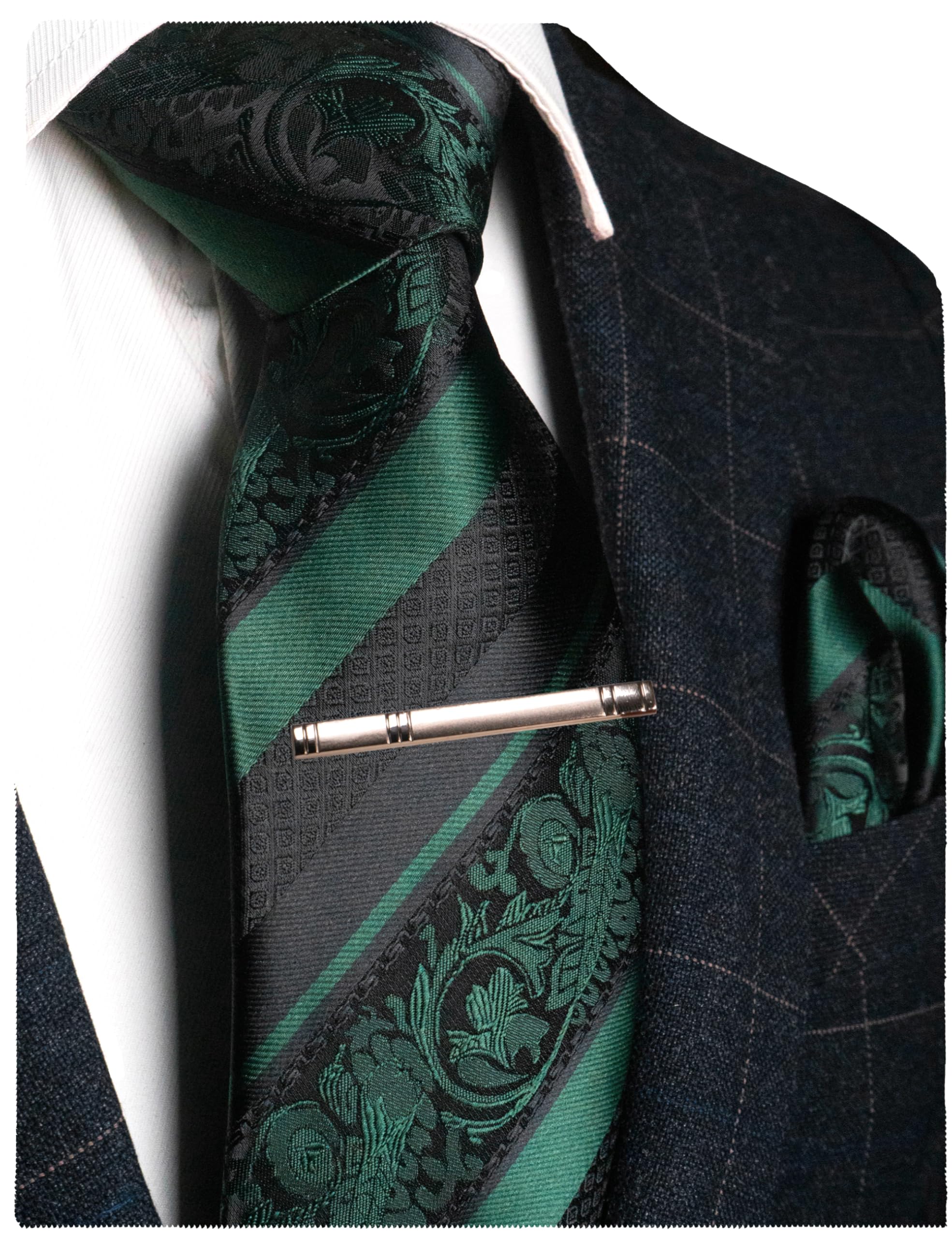 JEMYGINS Dark Green Floral Tie, Silk Necktie and Pocket Square Hankerchef Tie Clip Sets for Men(3)