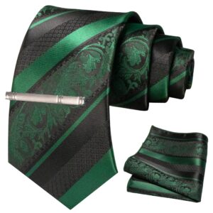 JEMYGINS Dark Green Floral Tie, Silk Necktie and Pocket Square Hankerchef Tie Clip Sets for Men(3)