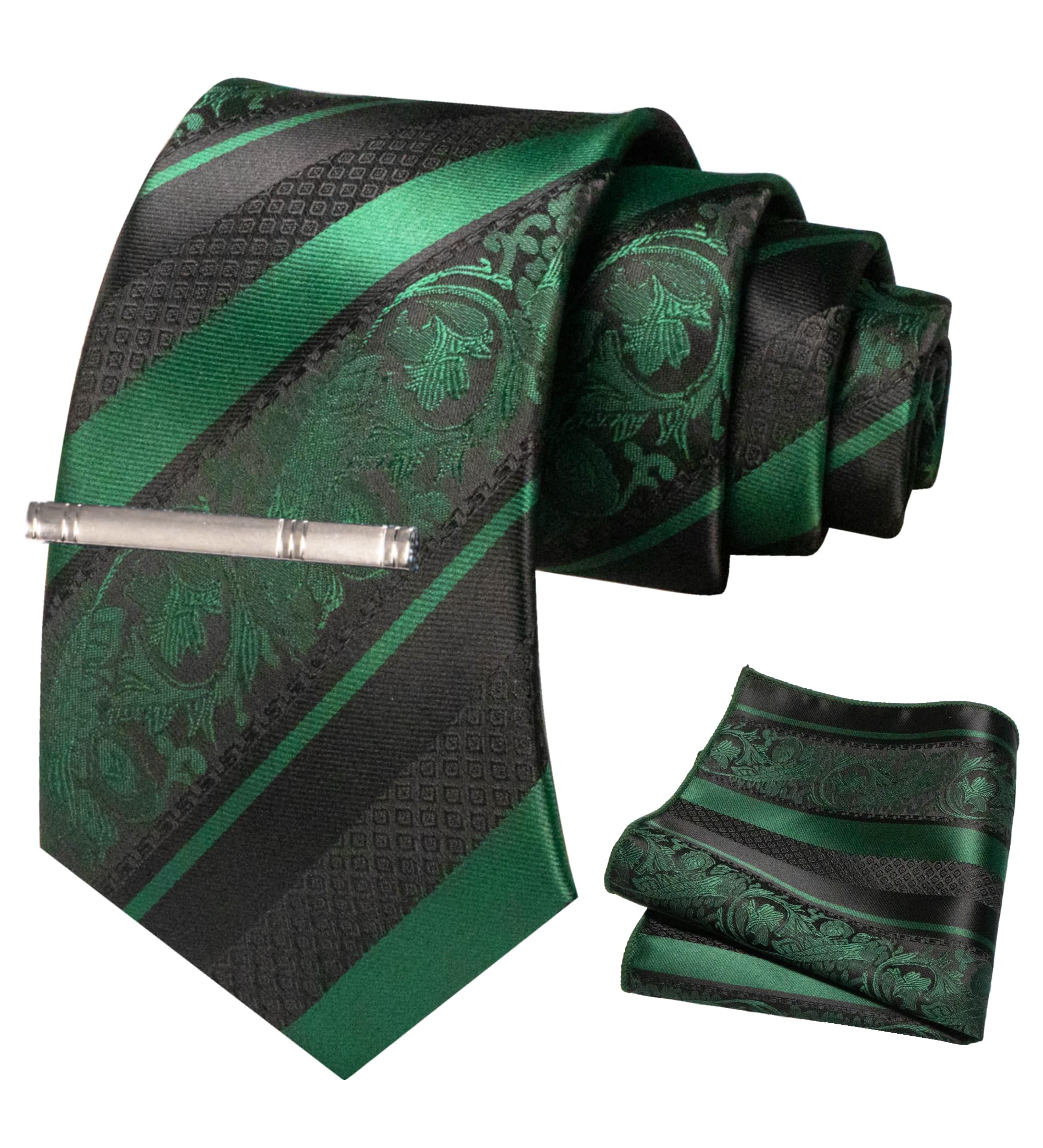 JEMYGINS Dark Green Floral Tie, Silk Necktie and Pocket Square Hankerchef Tie Clip Sets for Men(3)