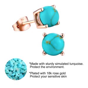 Turquoise Stud Earrings for Women Men 18k Rose Gold Plated 7mm Round Birthstone Earrings as Gift for Women