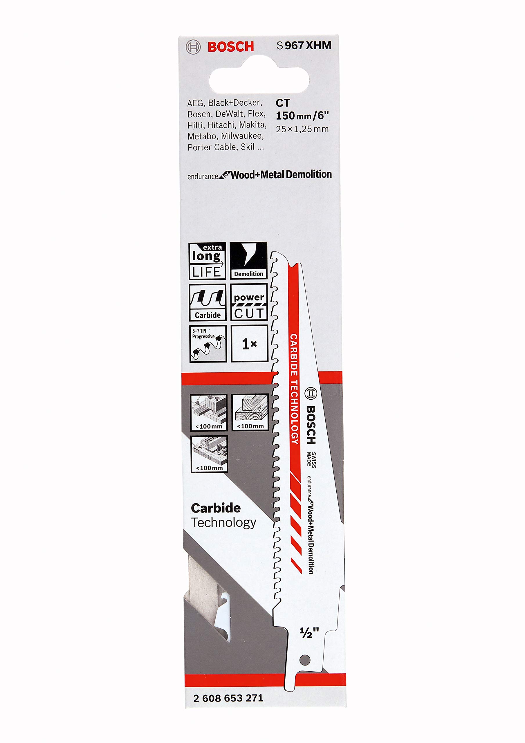 Bosch Professional 2608653271 Reciprocating Saw Blade S 967 XHM Endurance for Wood and Metal Demolition (For Wood and Metal, 150 x 25 x 1.25 mm, Accessories Reciprocating Saw