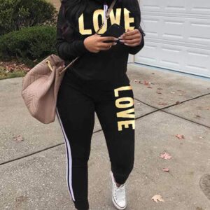 Women's Tracksuit Cowl Neck Long Sleeve Sweatshirt and Sweatpants set Letter Print 2 Piece Outfits Black XL