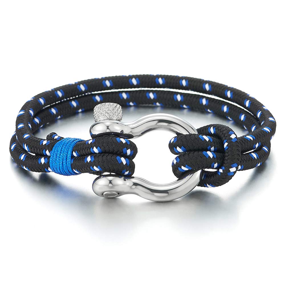 COOLSTEELANDBEYOND Mens Womens Steel Screw Anchor Shackles Nautical Blue White Sailor Rope Cord Wrap Bracelet Wristband