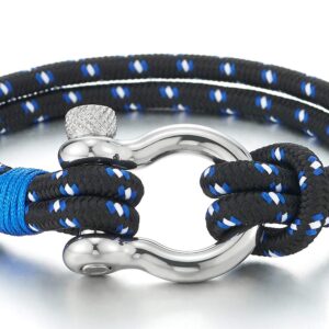 COOLSTEELANDBEYOND Mens Womens Steel Screw Anchor Shackles Nautical Blue White Sailor Rope Cord Wrap Bracelet Wristband