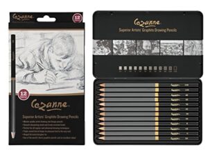 cezanne graphite artist drawing pencil set of 12 professional quality for sketching & shading, break resistant pre-sharpened leads, triple coated matte finished wood-cased barrel, travel storage tin