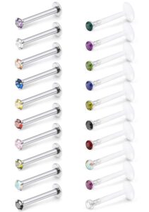 scerring 20pcs 16g 8mm acrylic & stainless steel labret monroe lip ring tragus nail helix earring stud piercing jewelry with 2mm 4-prong-setting mix color cz