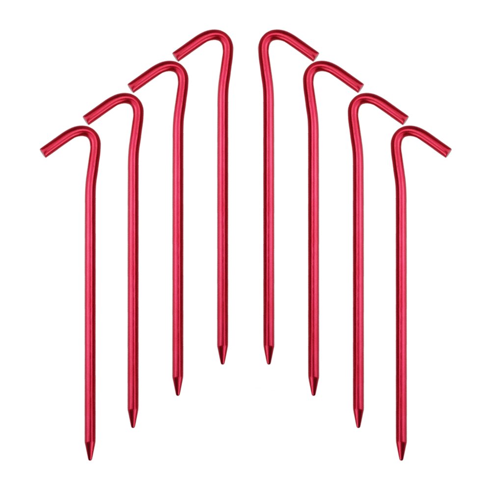 Hikemax 7075 Aluminum Tent Stakes 10 Pack - Ultralight 7 Inch Hook Tent Pegs with Carrying Pouch - Made for Camping Trip, Hiking and Gardening Red