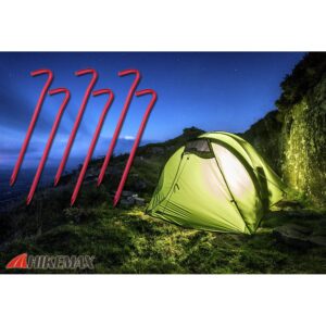 Hikemax 7075 Aluminum Tent Stakes 10 Pack - Ultralight 7 Inch Hook Tent Pegs with Carrying Pouch - Made for Camping Trip, Hiking and Gardening Red