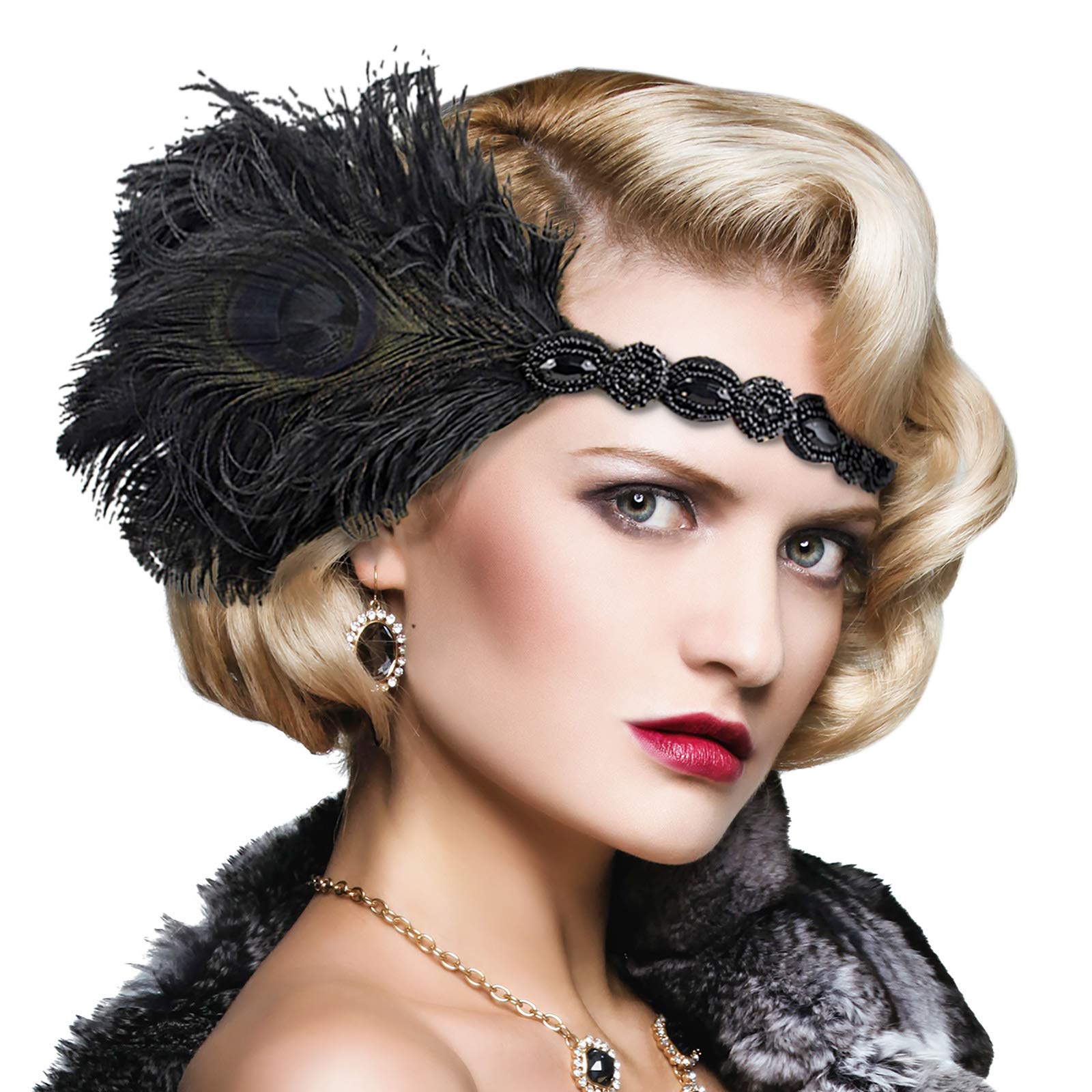 StarDY 1920s Flapper Headbands Great Gatsby Rhinestone Headpiece with Peacock Feather Jewel Hair Accessories (Black)