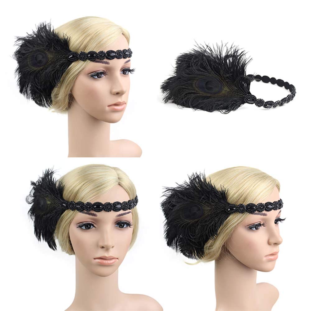 StarDY 1920s Flapper Headbands Great Gatsby Rhinestone Headpiece with Peacock Feather Jewel Hair Accessories (Black)