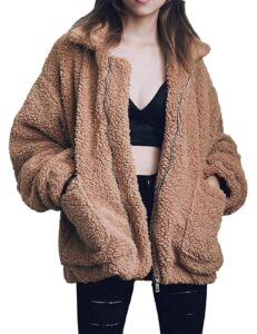 comeon women's coat casual lapel fleece fuzzy faux shearling zipper coats warm winter oversized outwear jackets (khaki,small)