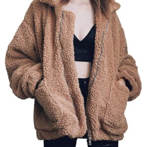 Comeon Women's Coat Casual Lapel Fleece Fuzzy Faux Shearling Zipper Coats Warm Winter Oversized Outwear Jackets (Khaki,Small)