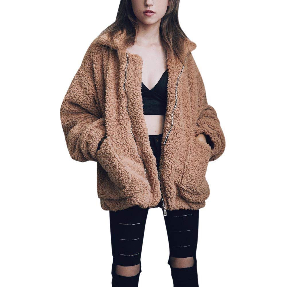 Comeon Women's Coat Casual Lapel Fleece Fuzzy Faux Shearling Zipper Coats Warm Winter Oversized Outwear Jackets (Khaki,Small)