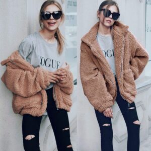 Comeon Women's Coat Casual Lapel Fleece Fuzzy Faux Shearling Zipper Coats Warm Winter Oversized Outwear Jackets (Khaki,Small)