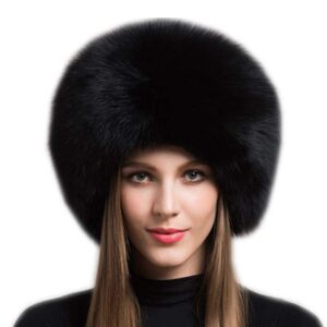 gegefur women's real fox fur hats leather earmuffs warm winter hats (black)