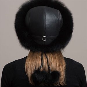 Gegefur Women's Real Fox Fur Hats Leather Earmuffs Warm Winter Hats (Black)