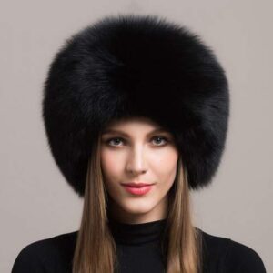 Gegefur Women's Real Fox Fur Hats Leather Earmuffs Warm Winter Hats (Black)