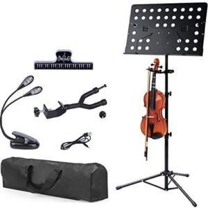 klvied sheet music stand with violin hanger, folding music stand, portable fortable music stand for sheet music, violin music stand with travel case, light, black