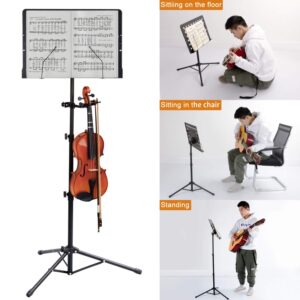 Klvied Sheet Music Stand with Violin Hanger, Folding Music Stand, Portable Fortable Music stand for Sheet Music, Violin Music Stand with Travel Case, Light, Black