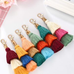 Tatuo 6 Pieces Hand Made Colorful Bohemian Tassel Charm Keychain Handbags Bag Pendant Key Ring Pom Tassels Key Chain（Color Set 1）