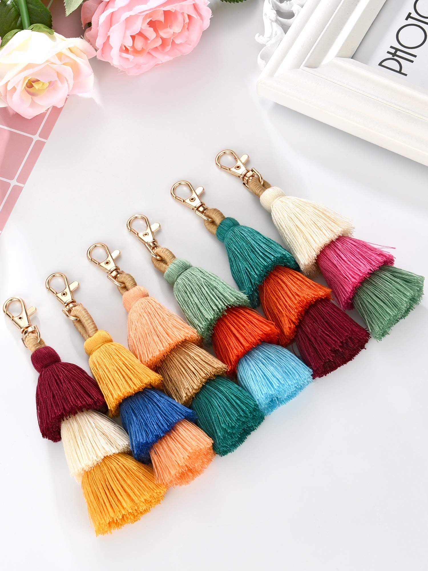 Tatuo 6 Pieces Hand Made Colorful Bohemian Tassel Charm Keychain Handbags Bag Pendant Key Ring Pom Tassels Key Chain（Color Set 1）