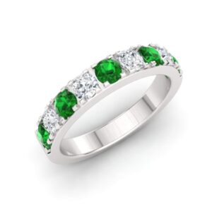 Diamondere Natural and Certified Emerald and Diamond Wedding Ring in 10K White Gold | 0.92 Carat Half Eternity Stackable Band for Women, US Size 6.5