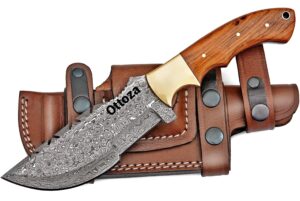 ottoza tracker knife & wood handle - damascus hunting knife - horizontal carry knife sheath 89