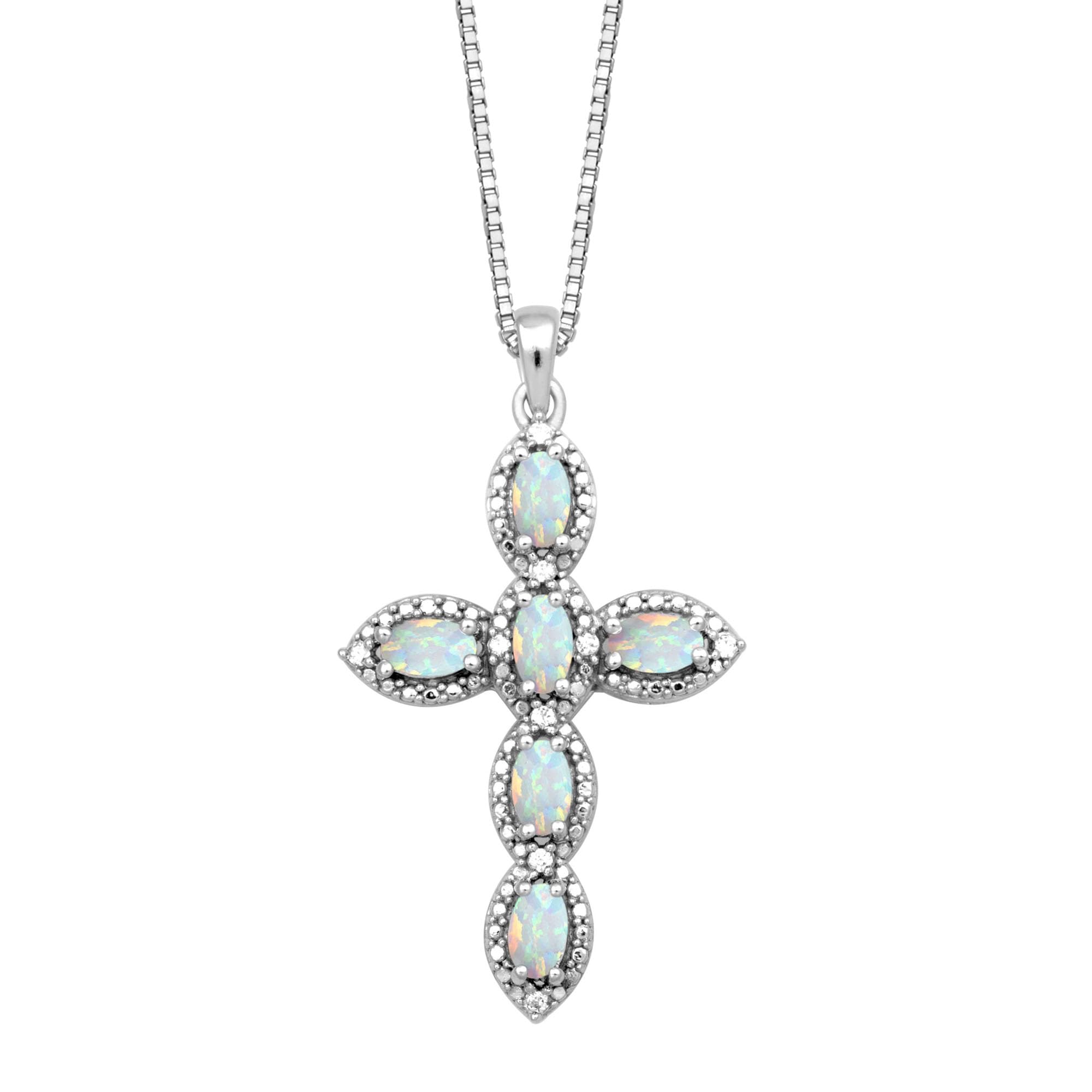 Jewelili Cross Pendant Necklace in Sterling Silver with Oval Shape Created Opal and Round Created White Sapphire, 18” Box Chain