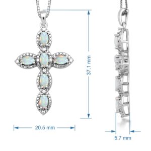 Jewelili Cross Pendant Necklace in Sterling Silver with Oval Shape Created Opal and Round Created White Sapphire, 18” Box Chain