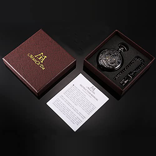 ManChDa Antique Mechanical Pocket Watches for Men Lucky Dragon Phoenix Pocket Watch with Chain Black Skeleton Dial Roman Numberals Gifts for Fathers Day