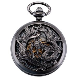 manchda antique mechanical pocket watches for men lucky dragon phoenix pocket watch with chain black skeleton dial roman numberals gifts for fathers day