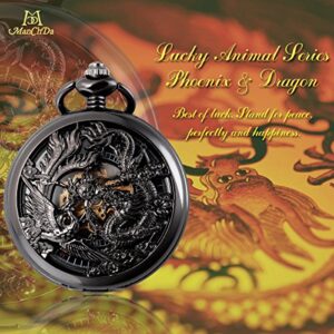 ManChDa Antique Mechanical Pocket Watches for Men Lucky Dragon Phoenix Pocket Watch with Chain Black Skeleton Dial Roman Numberals Gifts for Fathers Day