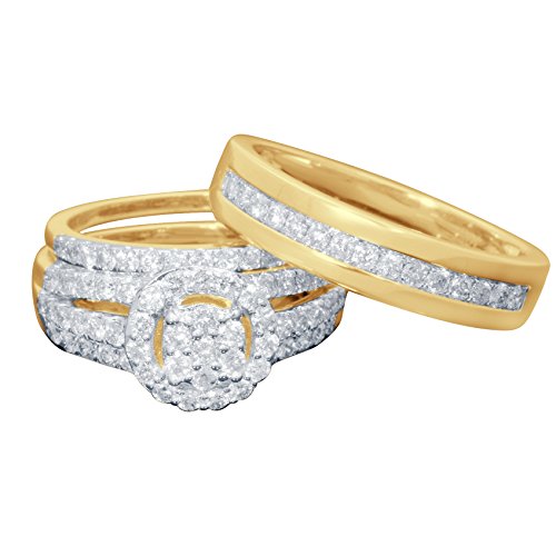 jsjewels 4ct Diamond 14k Yellow Gold Fn 925 Engagement Wedding His & Hers Trio Ring Set