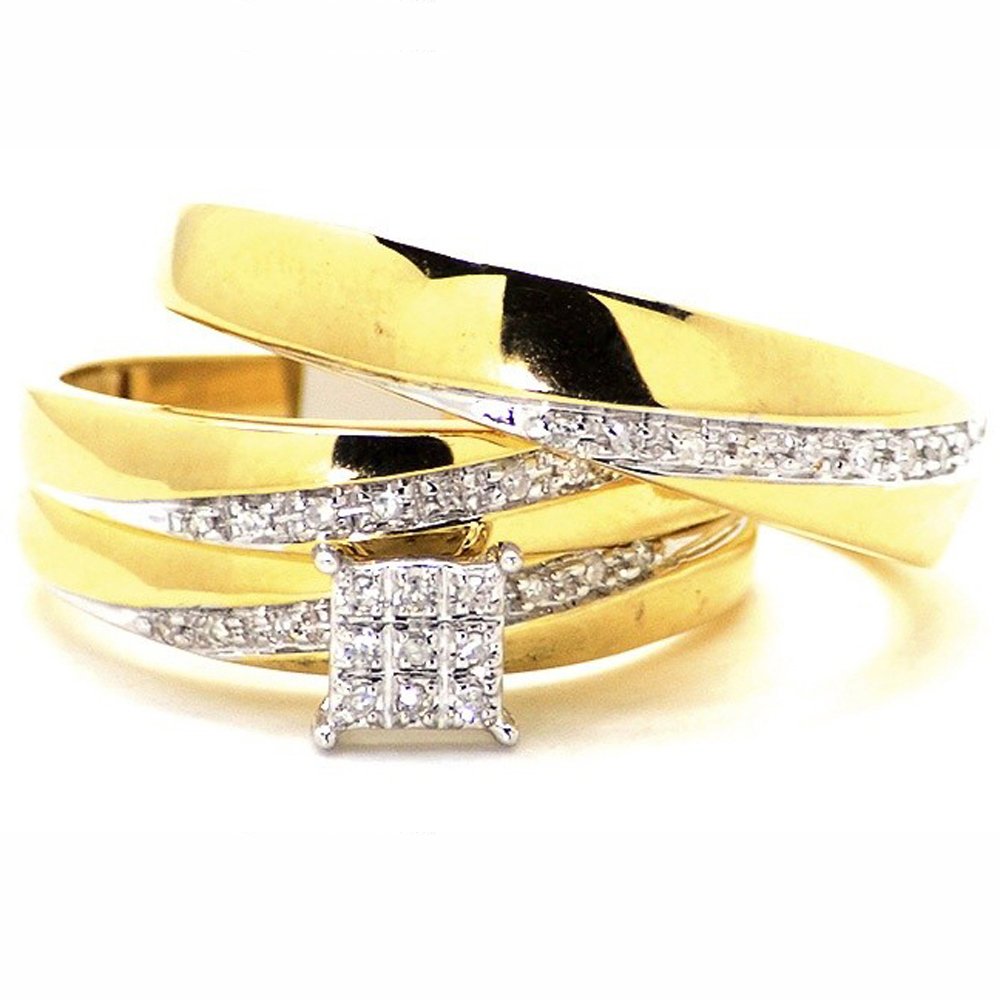 jsjewels Men's & Women's Wedding Trio Ring Set 0.25 Ct Sim Diamond 14K Yellow Gold Finish