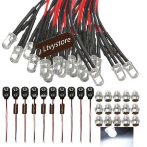 ltvystore 30pcs 5mm 12v white led pre wired lamp light bulb prewired emitting diode & 30pcs metal 5mm led clip holder panel mount & 10pcs 9v battery holder clip snap on connector cable