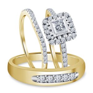 jsjewels mens & women's 14k yellow gold fn bride & groom wedding ring engagement trio set