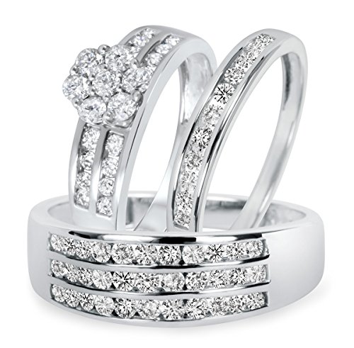 jsjewels 1 1/2 CT. T.W. Diamond Engagement Ring Wedding Trio Set in Solid 14K White Gold Over