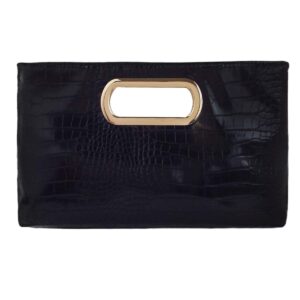 crocodile synthetic leather top handle clutch, black medium