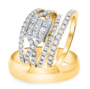 jsjewels 14k yellow gold fn 1 3/4ct princess/round sim diamond his & her wedding trio ring set