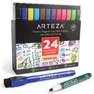 ARTEZA Fine Tip Dry Erase Markers with Eraser, Pack of 24 Magnetic Dry Erase Pens, 12 Assorted Colors Whiteboard Markers