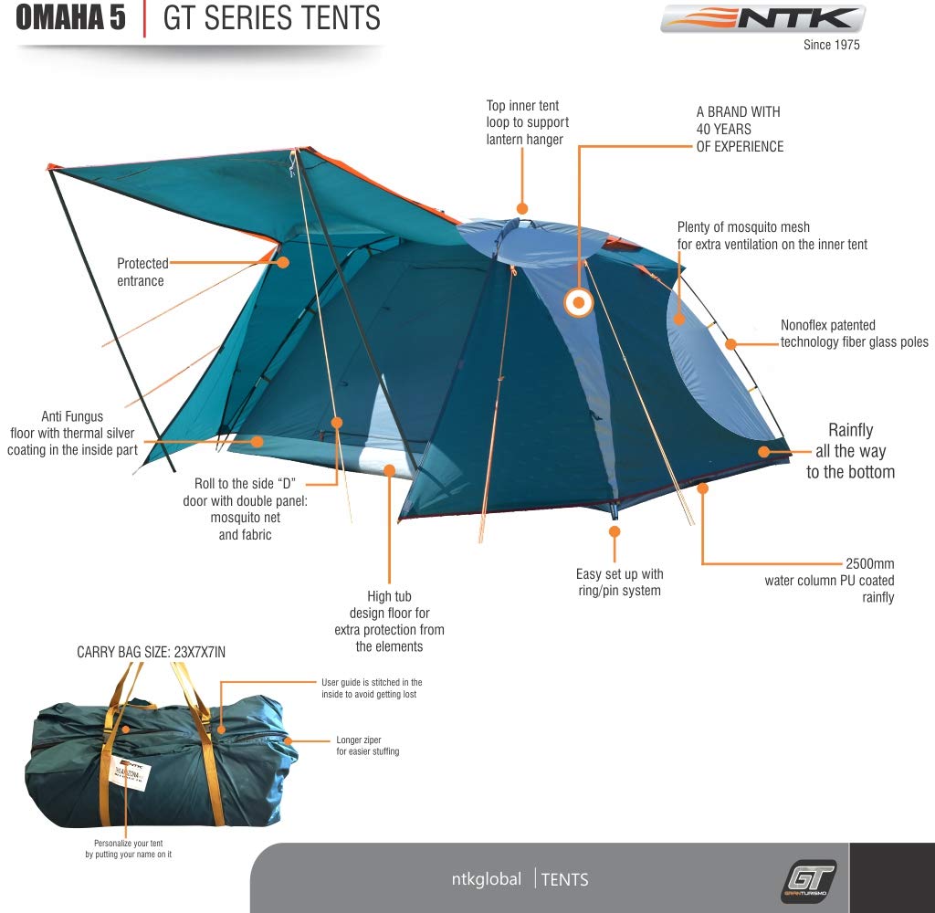 NTK Omaha GT 5-4 Person Tent for Camping | 9x9 ft Camping Tent with Waterproof Dome, Breathable Mesh & 2 Doors | Instant Tent for 5 Person | 2500 mm Warm & Cold Weather Outdoor Tent