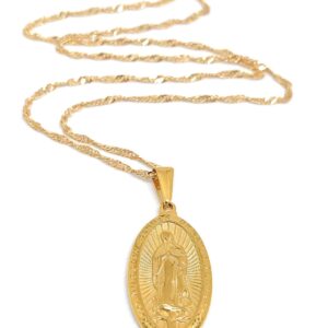 LESLIE BOULES 18K Gold Plated Guadalupe Medal Necklace 18 Inches Length Virgin Mary Jewelry