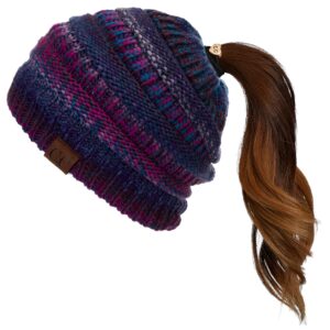 c.c soft stretch cable knit messy bun ponytail beanie winter hat (mb-705) (purple mix)