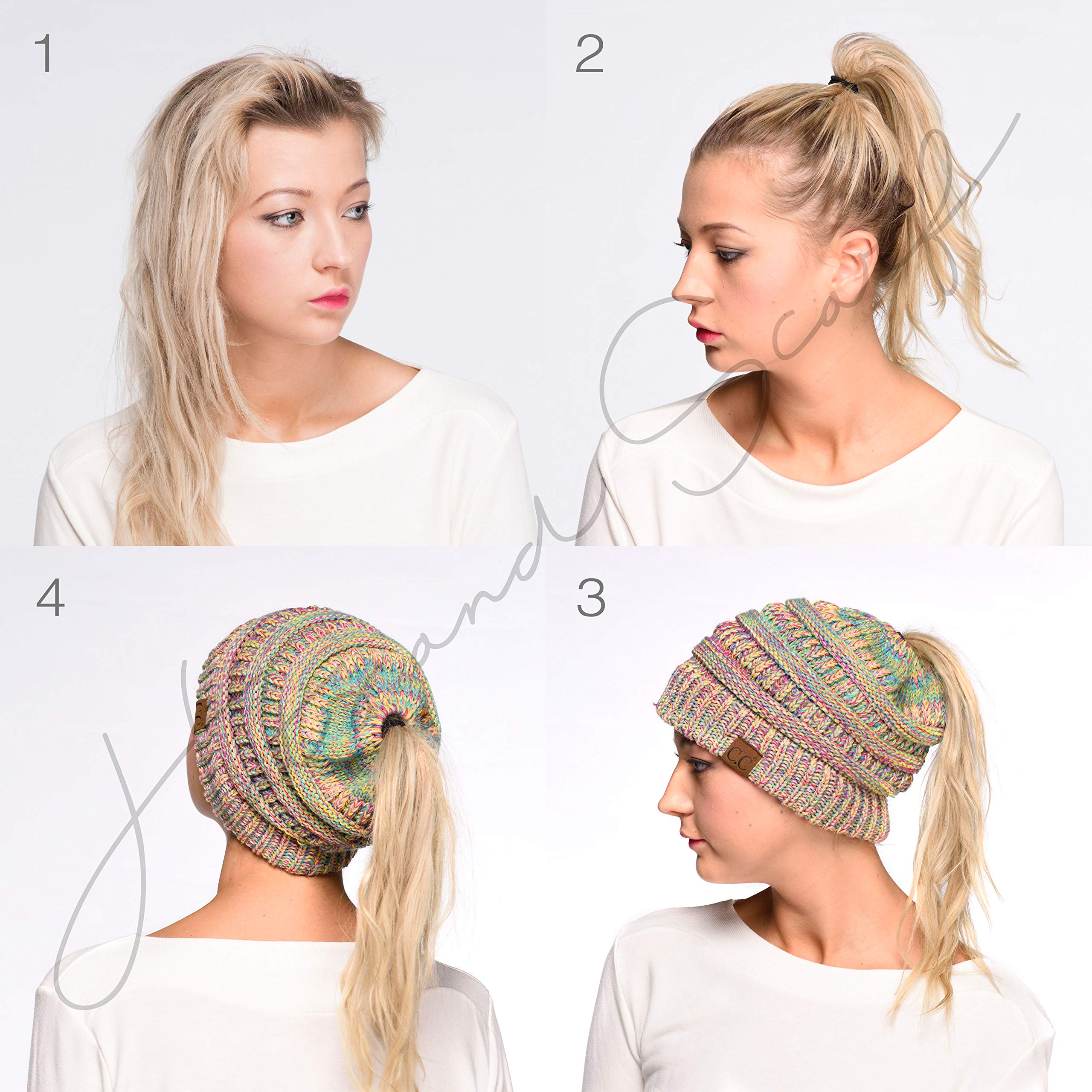 C.C Soft Stretch Cable Knit Messy Bun Ponytail Beanie Winter Hat (MB-705) (Purple Mix)